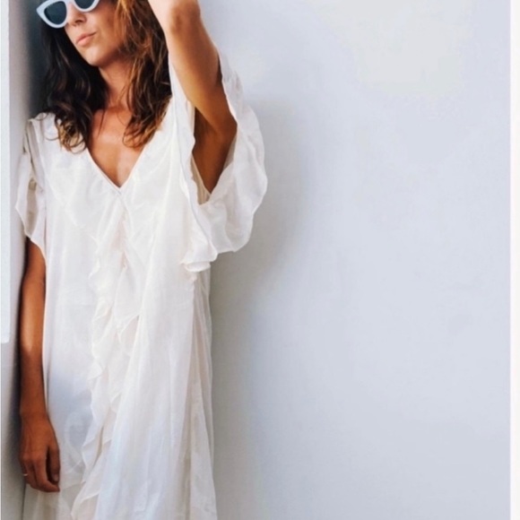 H&M Conscious Kaftan Dress Floral Ruffle Midi Flounce Cream Swim Coverup - Picture 8 of 8